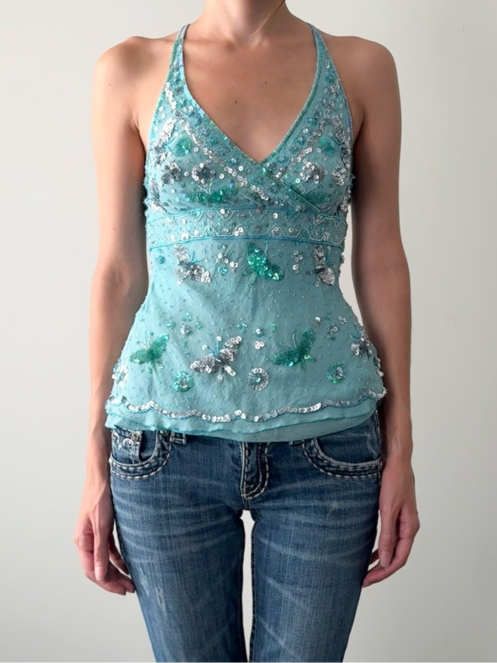Y2K teal blue Bebe 100% silk butterfly beaded camisole